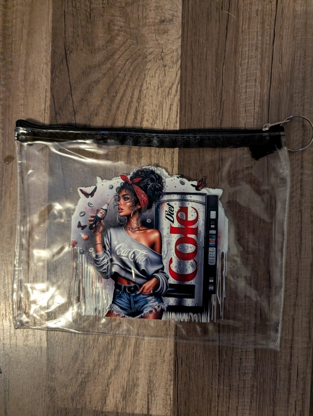 Clear Vinyl Cosmetic Pouch with Retro Soda Graphic - Black Trim